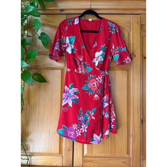 Old Navy Red Floral Waist Defined Flutter Sleeve Dress Womens SZ XS - Picture 4 of 12